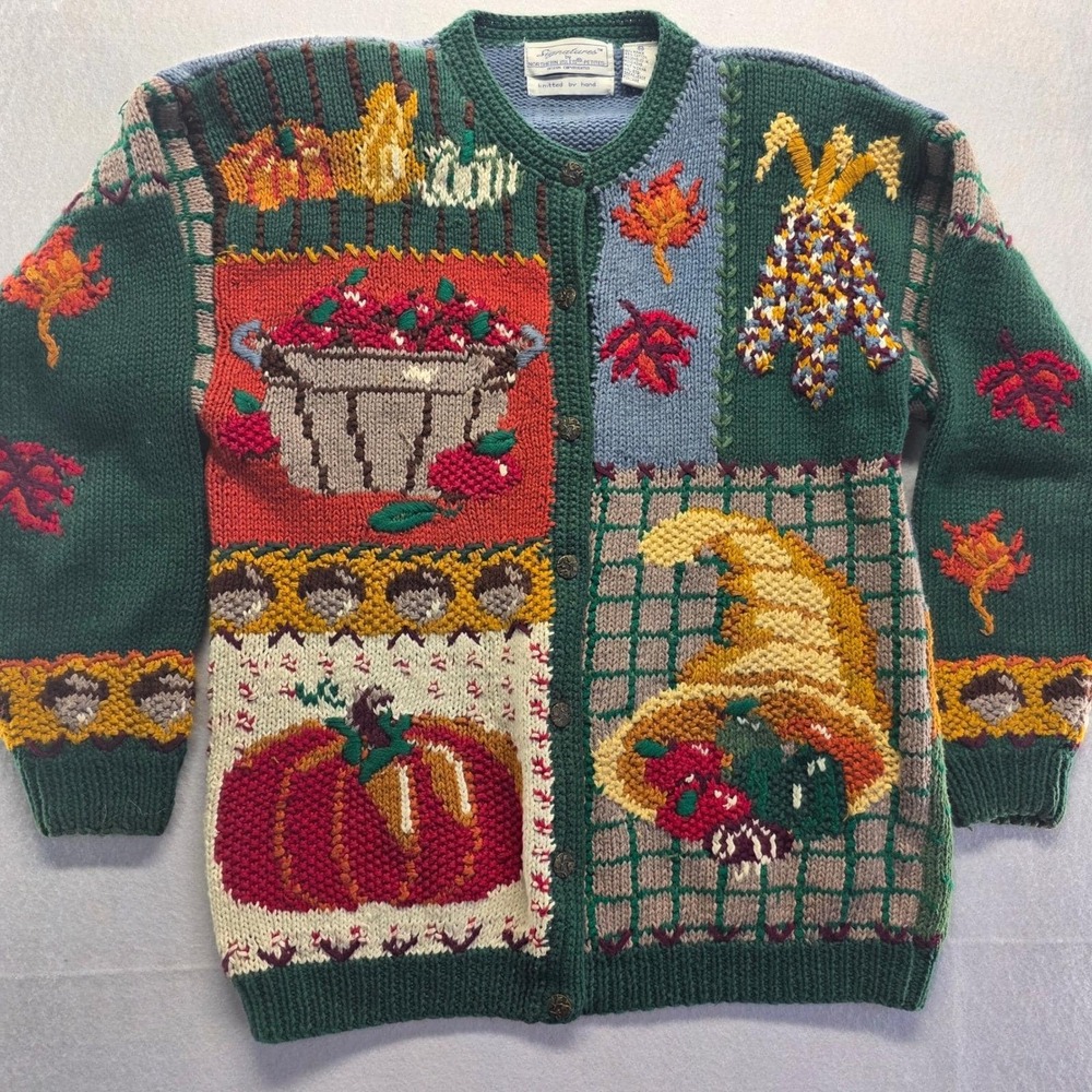 Signatures by Northern Isles Hand Knitted Autumn Fall Patchwork Cardigan Sweater